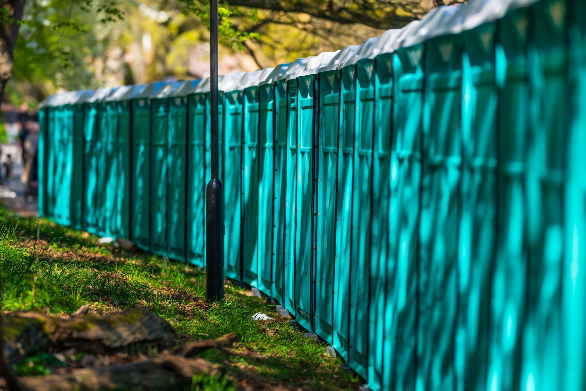 Row of turquoise portable toilets lined up outdoors in a park-like setting.