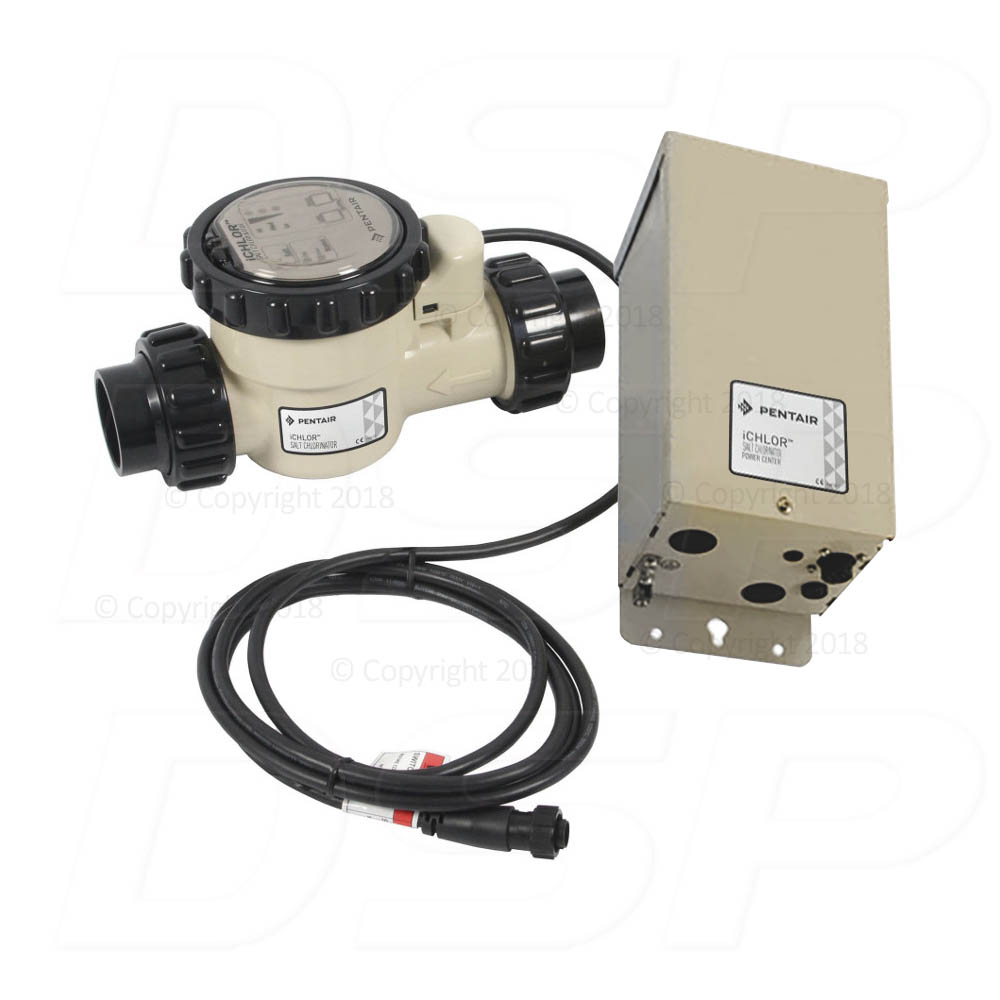 Pool heater with digital display and control box, connected by a cable. Beige and black.