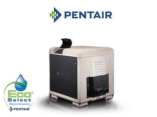 Pentair Eco Select pool heater, white and black, with the logo above a water drop graphic.