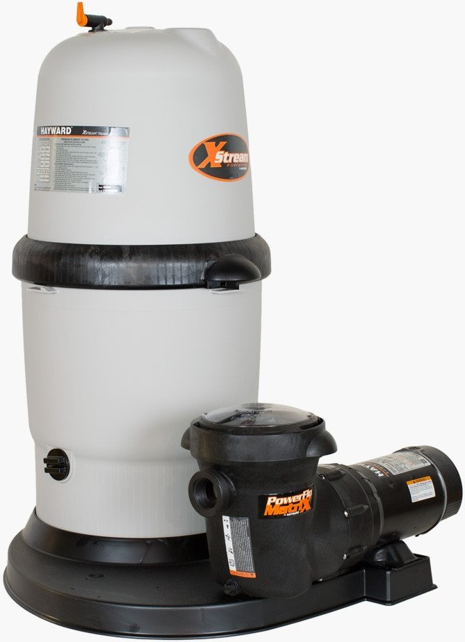Pool filter system: gray tank with orange logo, black pump on a black base.