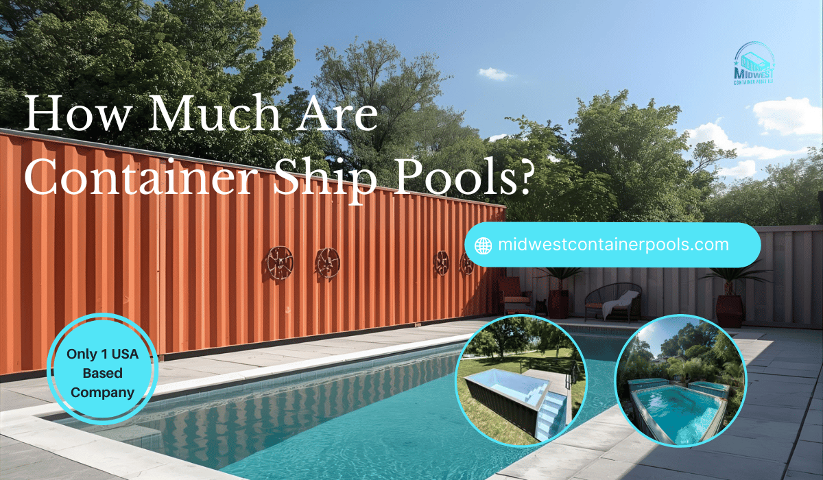 Container ship pool with orange exterior, turquoise water. Text: