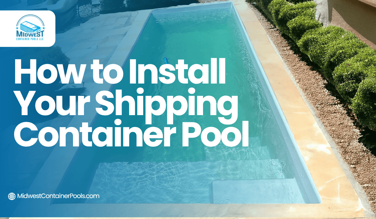 A shipping container pool with blue water and steps. Text: 