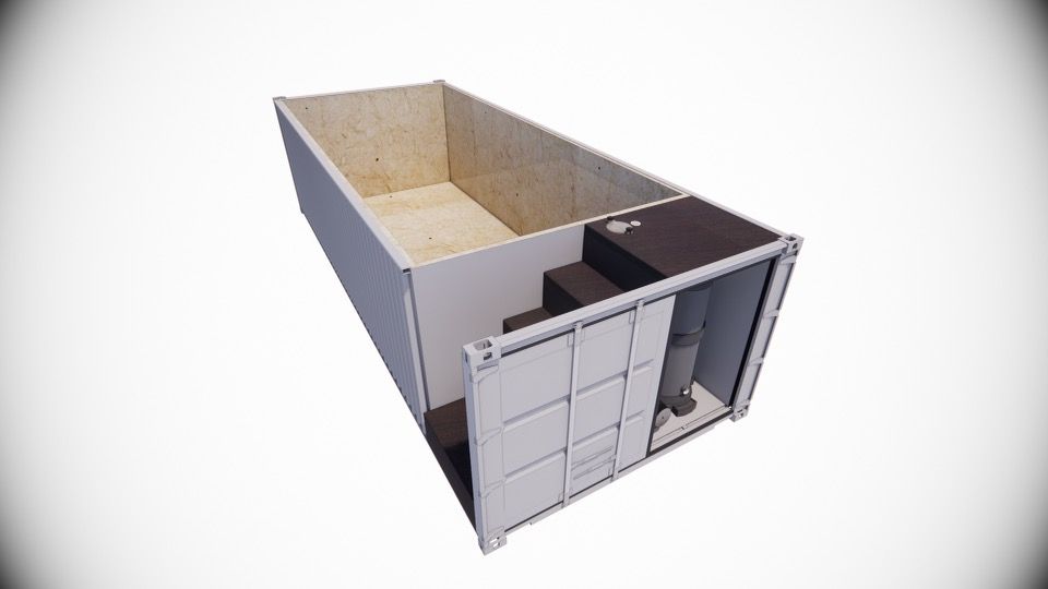 Cutaway view of a white rectangular shipping container converted into a pool with steps, brown decking, and a built-in filter system.