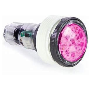 Pink LED light bulb with clear housing and white and black rings.