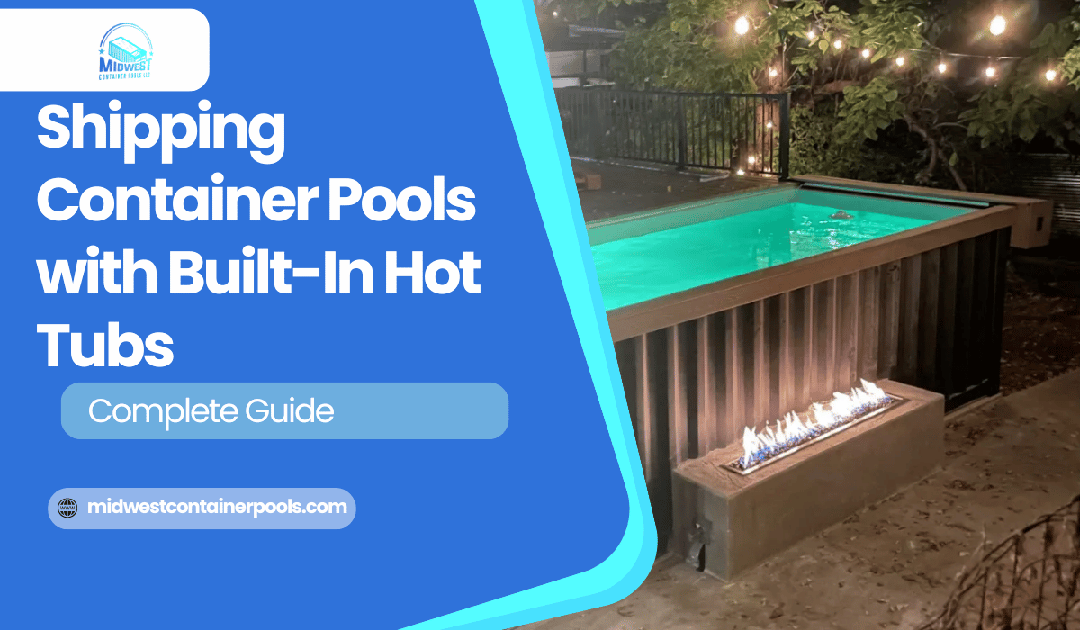 Shipping container pool with built-in hot tub, glowing green water, outdoor setting with fire pit and string lights.