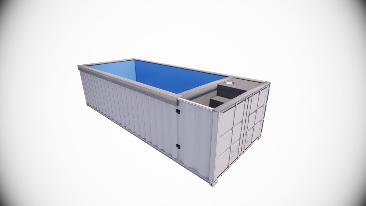 Rectangular swimming pool in a white container, blue water, steps at one end, isolated on white.