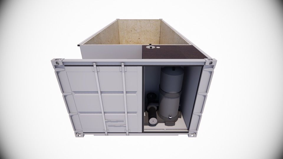A cutaway view of a container showing an interior with equipment and a separate storage area.
