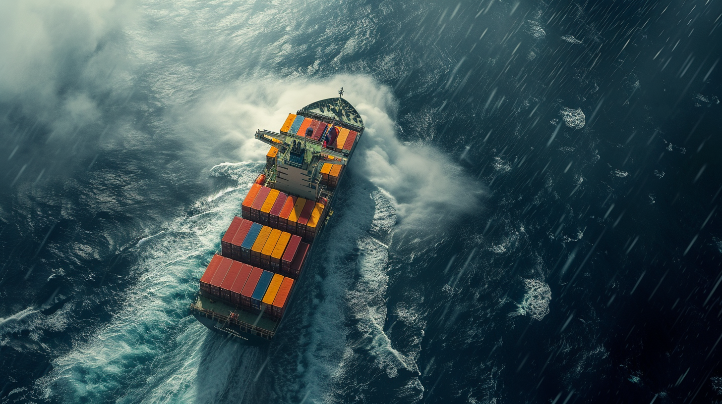 a large container ship is floating on top of a large body of water .