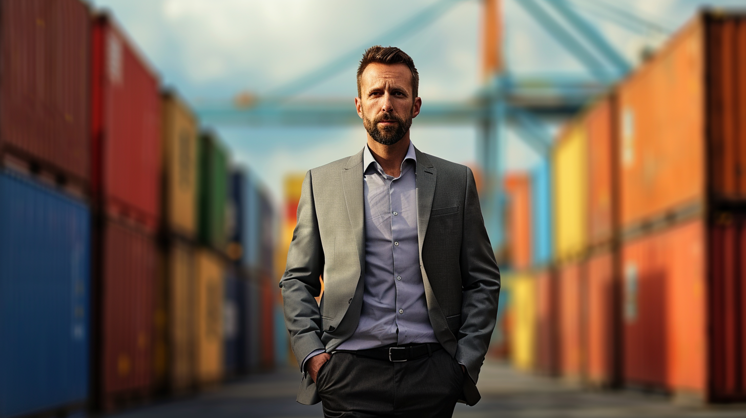 a man in a suit is standing in front of a row of shipping containers .