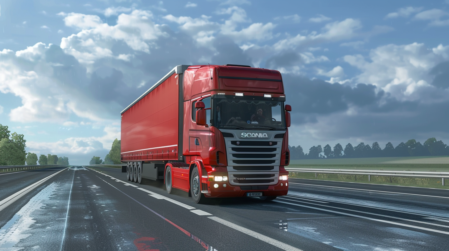 a red semi truck is driving down a wet highway .