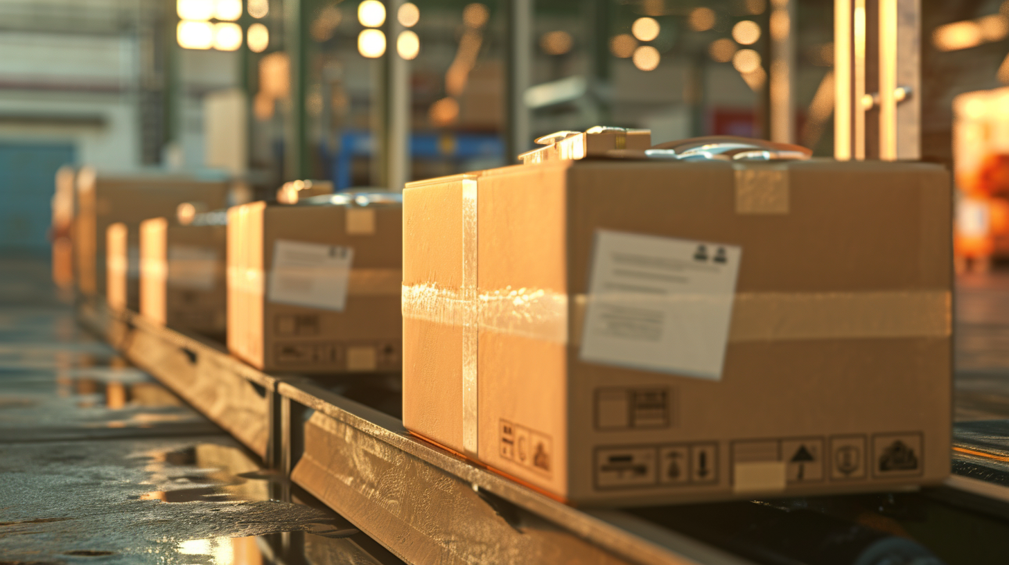 a conveyor belt filled with cardboard boxes in a warehouse .