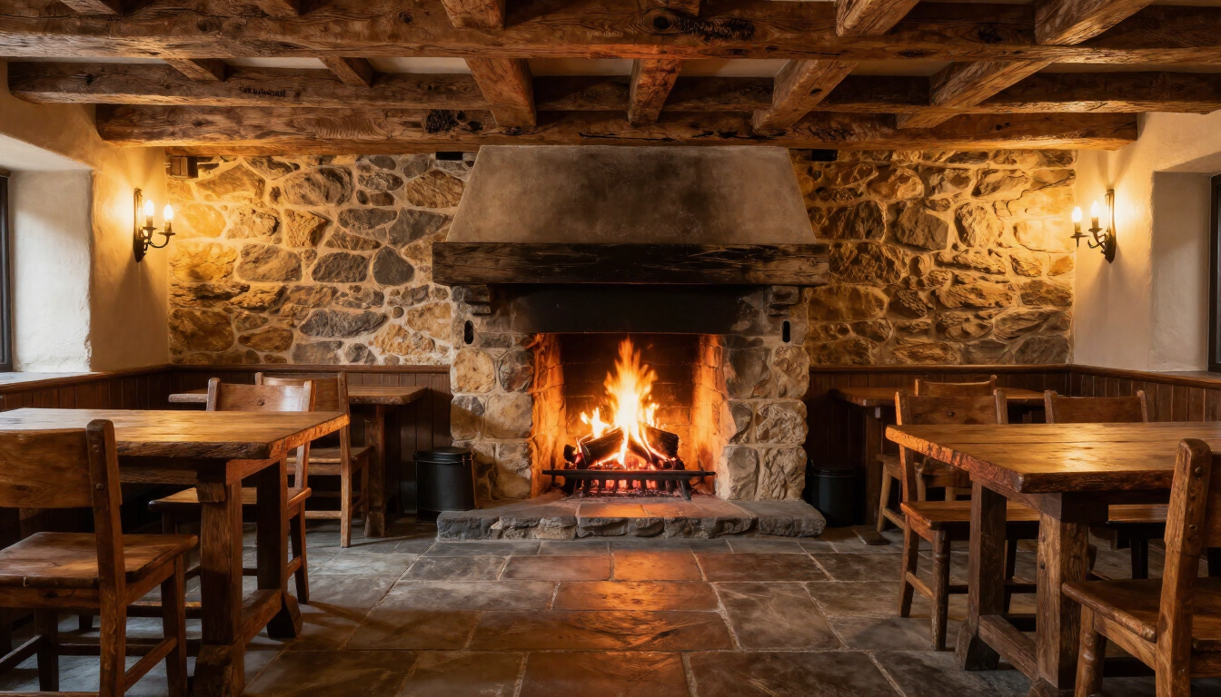 The Bush Inn, St Hilary, Cowbridge | Cozy stone fireplace with a roaring fire, wooden beams, and dining tables.