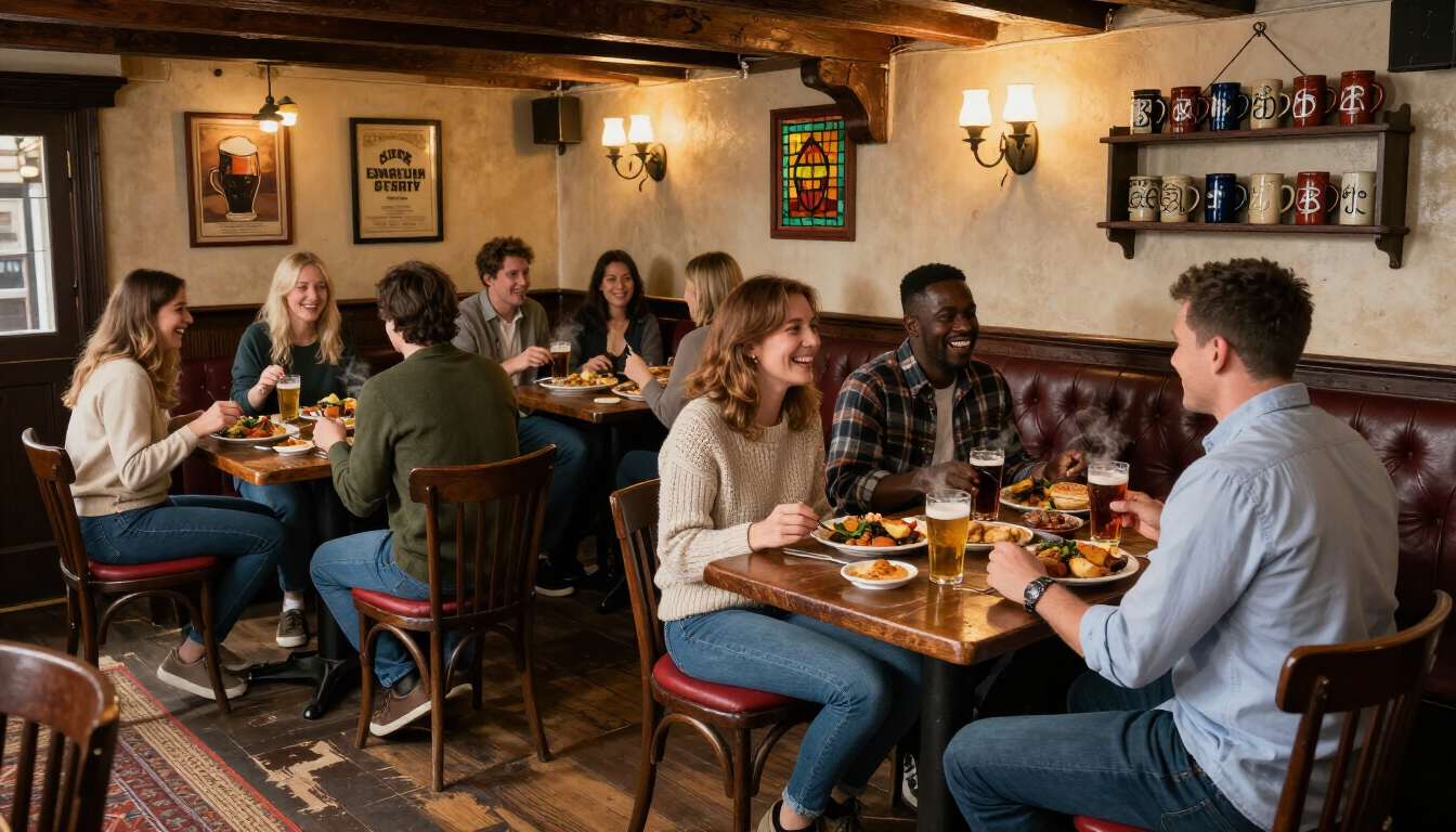 The Bush Inn, St Hilary | People dining and talking in a cozy pub with wooden tables, warm lighting, and wall decor.