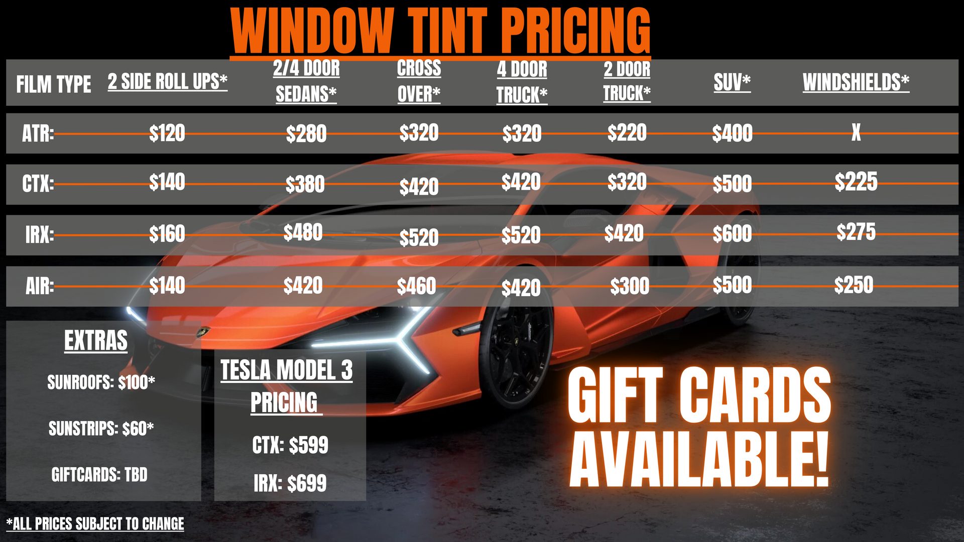 An advertisement for window tint pricing with gift cards available | Murrieta, CA | Tintman An advertisement for window tint pricing with gift cards available | Murrieta, CA | Tintman