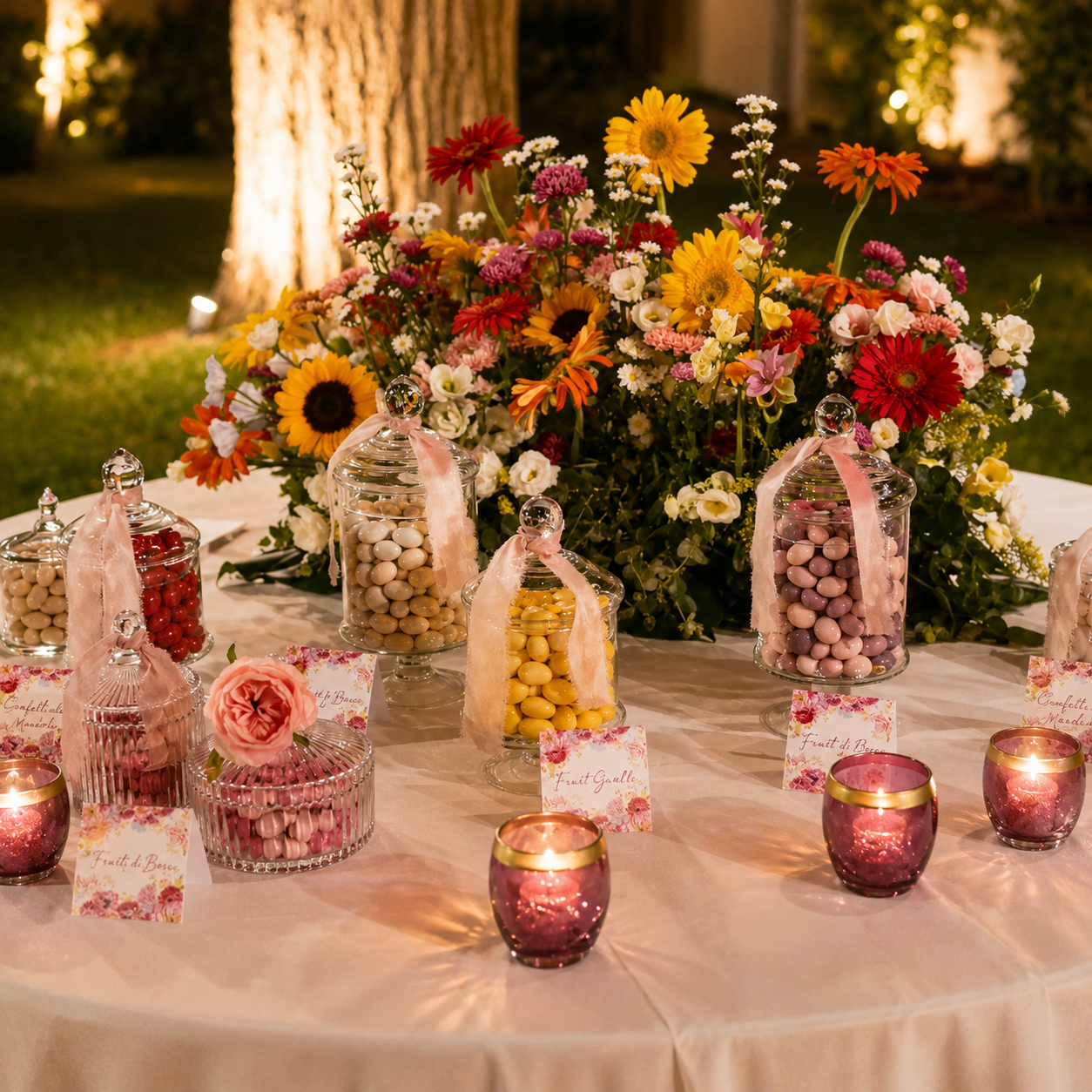 Decorazione floreale da tavolo per esterni con barattoli di caramelle dai colori pastello e candele scintillanti al crepuscolo.
