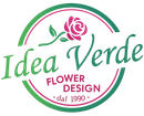 Logo per Idea Verde Flower Design, emblema floreale circolare verde e rosa con la scritta “dal 1990”