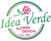 Logo per Idea Verde Flower Design, emblema floreale circolare verde e rosa con la scritta “dal 1990”