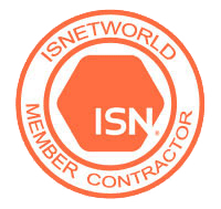 Orange ISNetworld Member Contractor seal. Orange circle with a hexagon containing