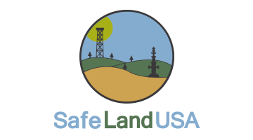 Logo: Circle scene of land with structures, sun, and text