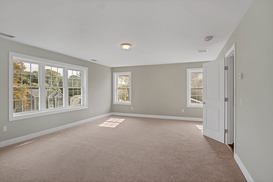 Empty bedroom with light gray walls, white trim, windows, brown carpet.