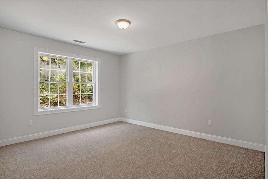 Empty room with light gray walls, a window, carpet flooring, and a ceiling light.