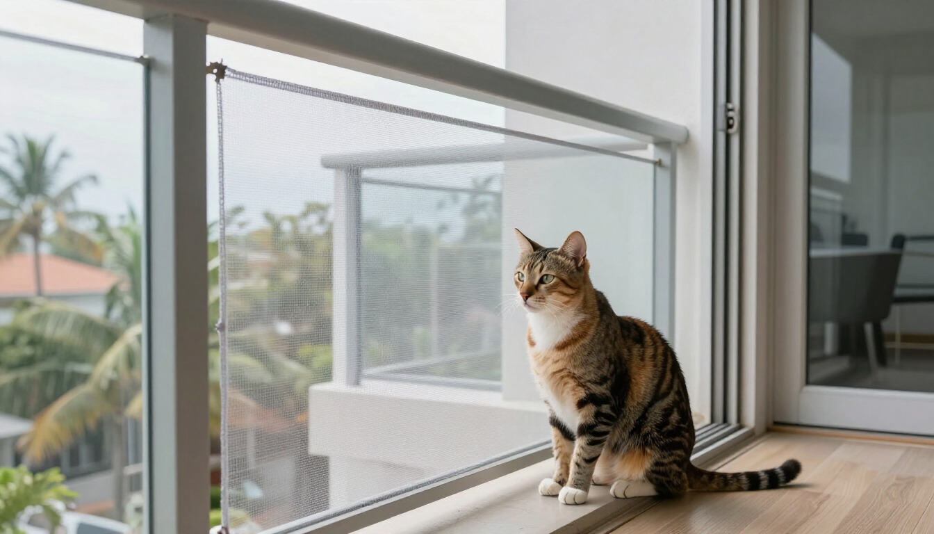 Un gato atigrado sentado junto a una gran ventana, mirando hacia afuera, a un balcón luminoso.