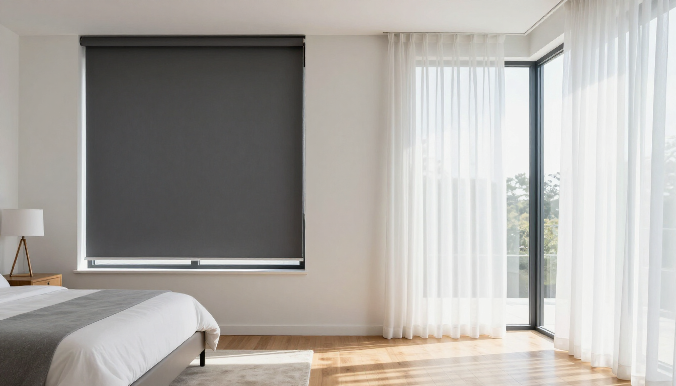 Habitación luminosa con cama, persiana gris y cortinas transparentes junto a una puerta de cristal que deja entrar la luz del sol.