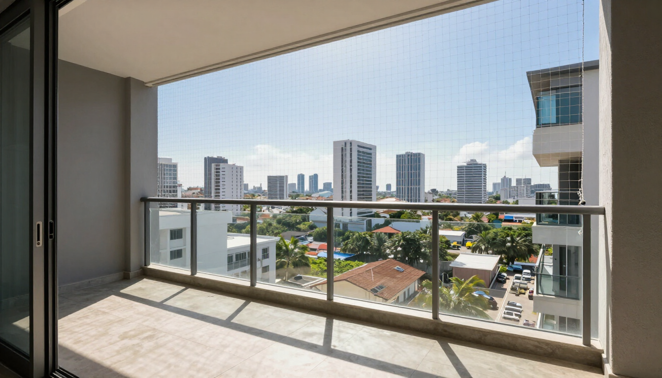 Vista desde el balcón del horizonte de la ciudad a través de una barandilla de cristal, con edificios y árboles debajo.