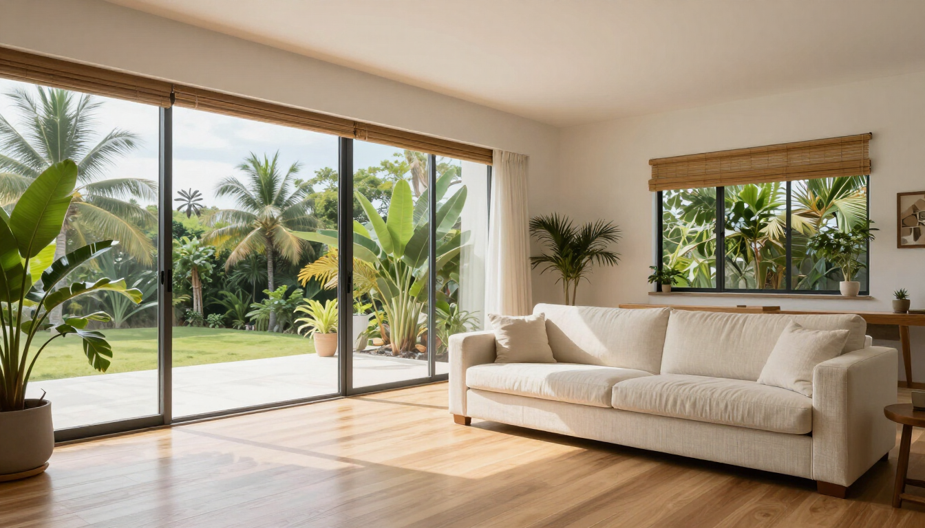 Luminoso salón con sofá beige, suelos de madera y grandes puertas correderas que dan a un patio tropical.