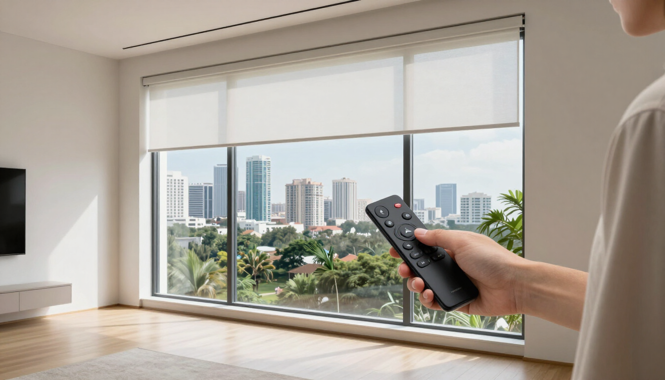Una persona sostiene un control remoto apuntando hacia una gran ventana con vista al horizonte de la ciudad en una luminosa sala de estar.