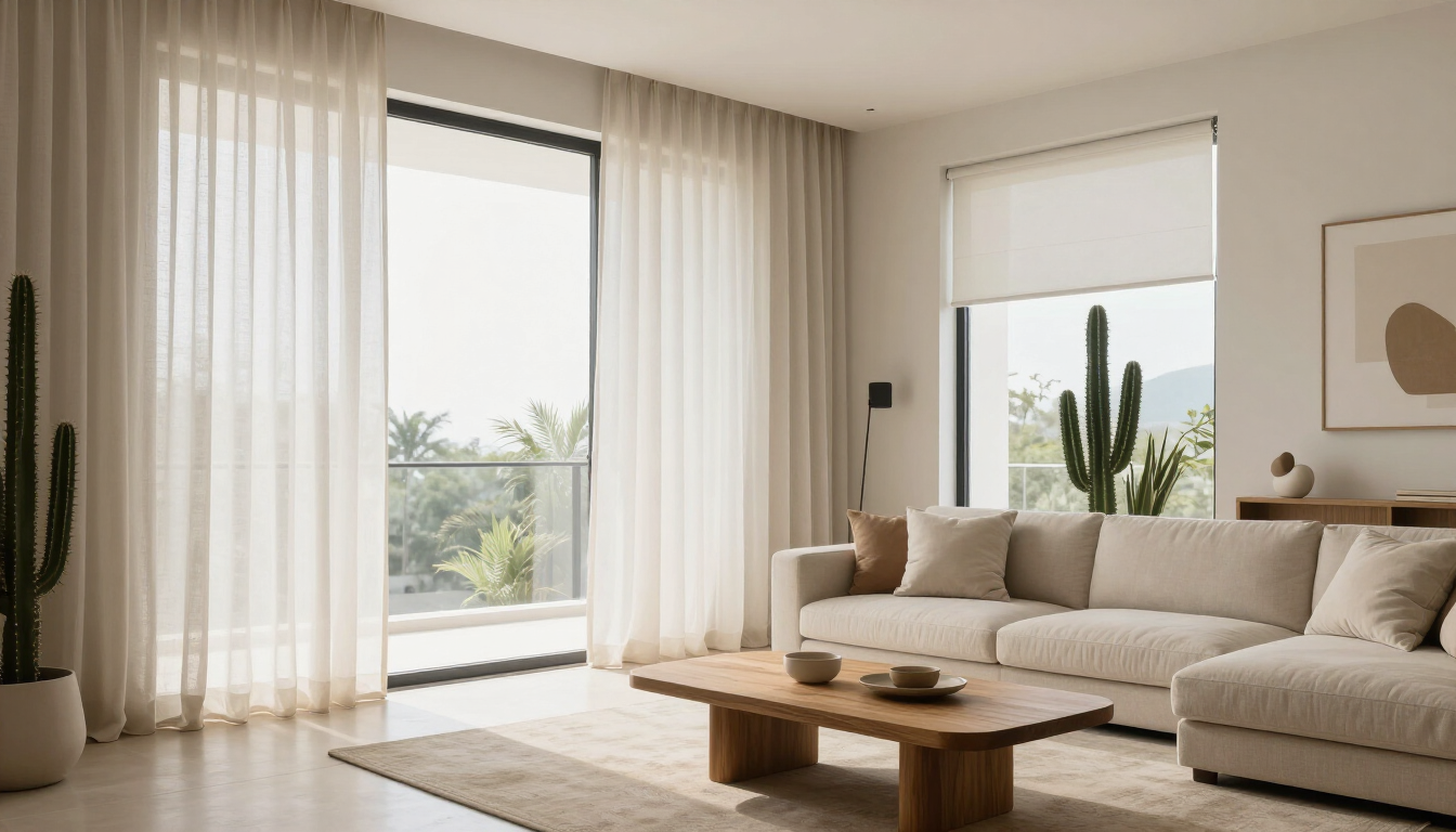 Sala de estar luminosa y minimalista con sofá beige, mesa de centro de madera, grandes ventanales y cactus en macetas.