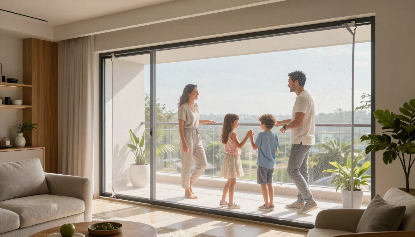 Una familia se encuentra en un balcón luminoso, mirando a través de puertas corredizas de cristal hacia las vistas de la ciudad.