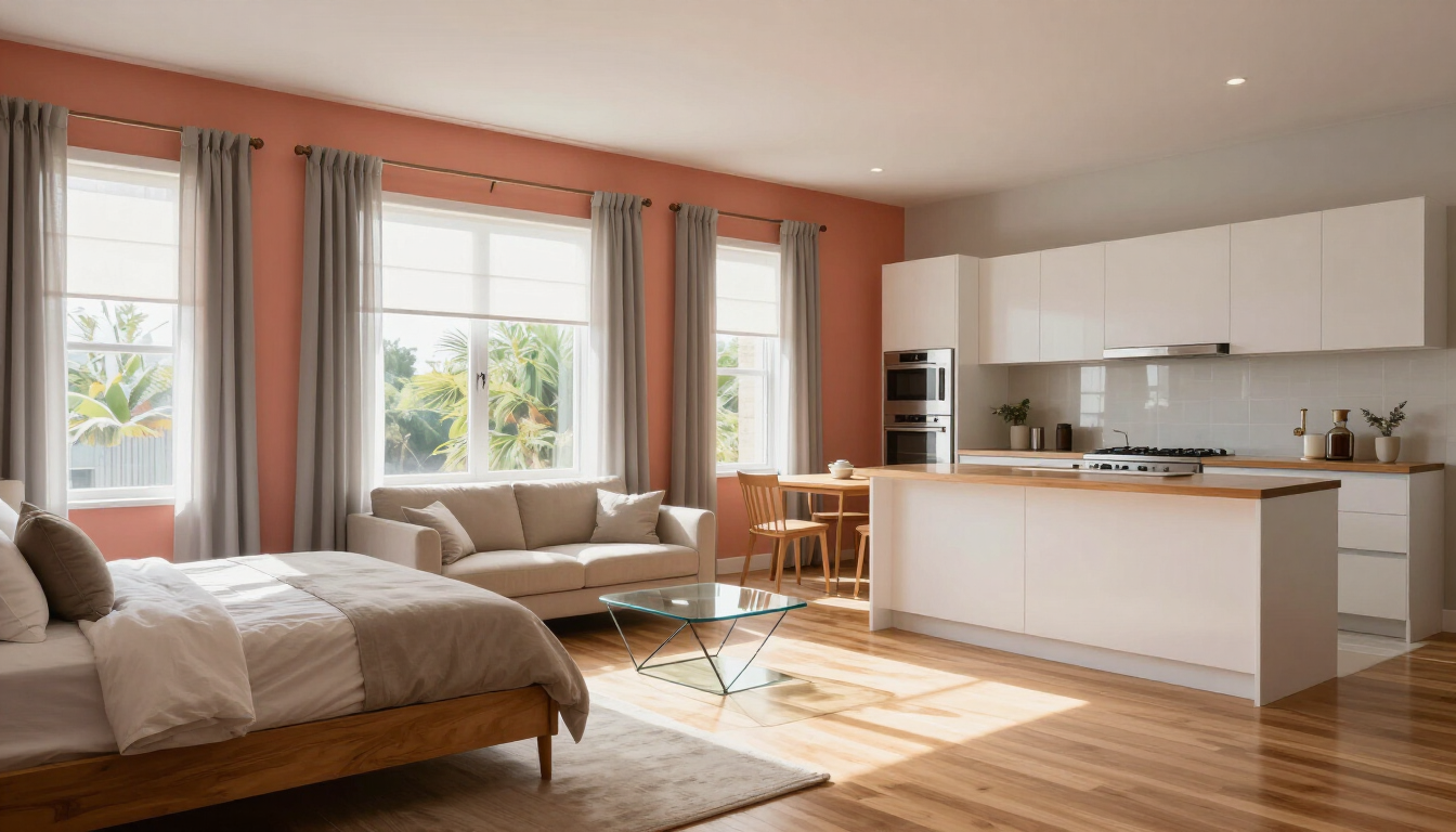 Estudio luminoso y moderno con cama, sofá, mesa de comedor y cocina blanca, bañado por una cálida luz natural.