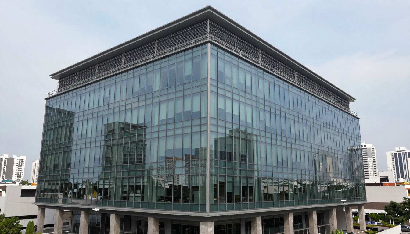 Edificio de oficinas moderno de cristal con ventanas reflectantes y una línea de techo oscura.