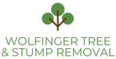 The logo for wolfinger tree and stump removal shows a tree with three leaves.