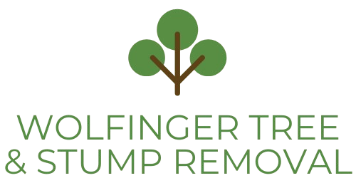 The logo for wolfinger tree and stump removal shows a tree with three leaves.
