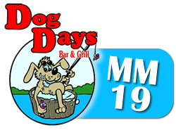 Logo for Dog Days Bar & Grill: A cartoon dog fishing in a hot tub, with a blue rectangular box labeled 