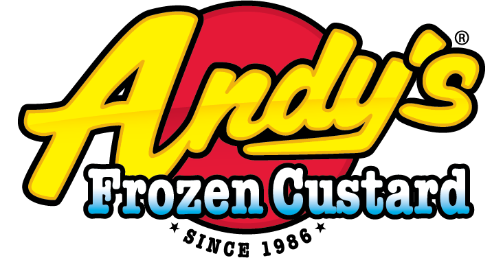 Logo for Andy's Frozen Custard, featuring yellow text on a red circle with 