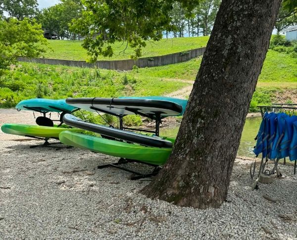 Green kayaks stacked beside a tree on a gravel shore near water and grassy hills