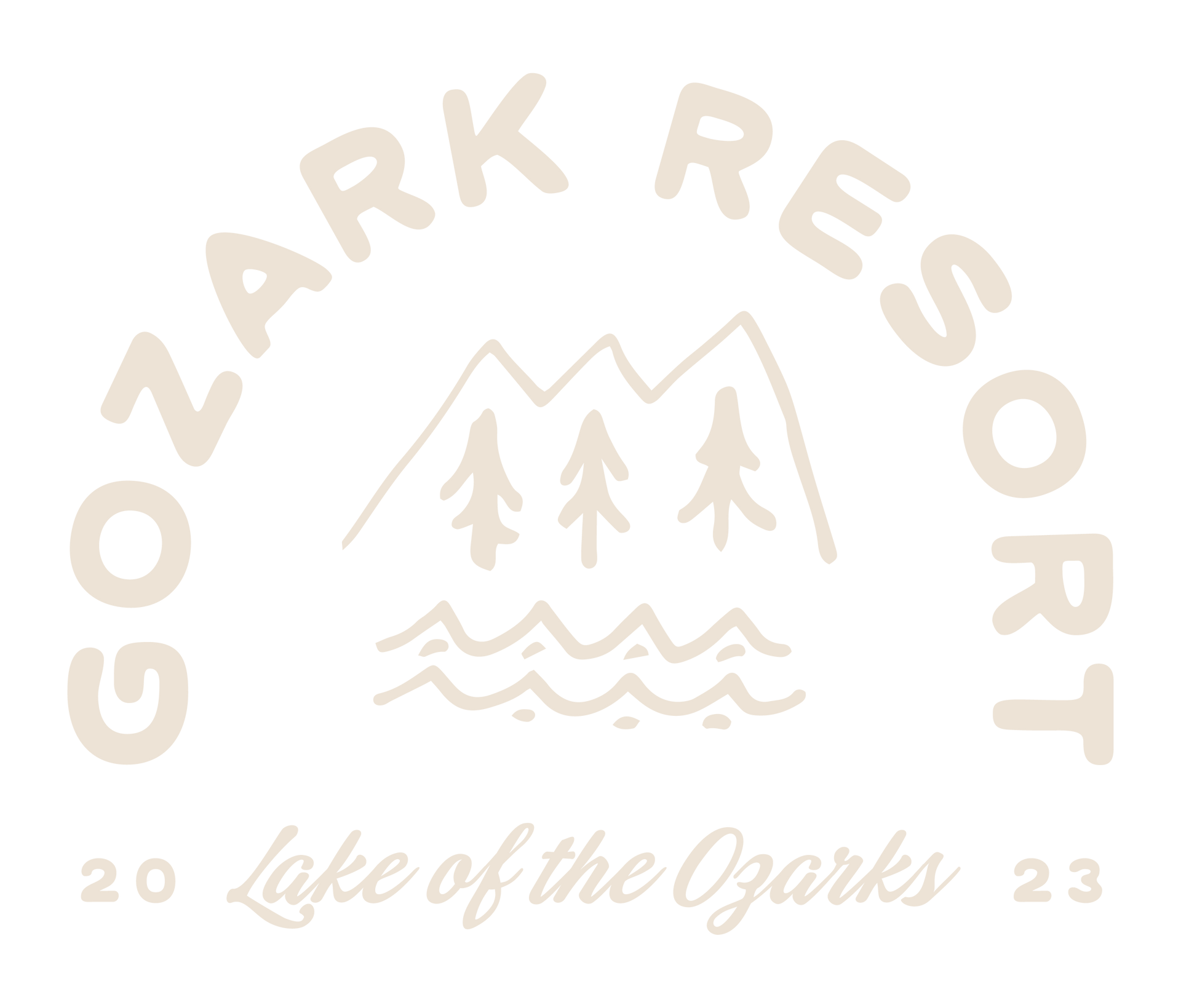 A beige logo for Gozark Resort featuring line drawings of mountains, trees, and water, dated 2023 at Lake of the Ozarks.
