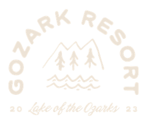 A beige logo for Gozark Resort featuring line drawings of mountains, trees, and water, dated 2023 at Lake of the Ozarks.