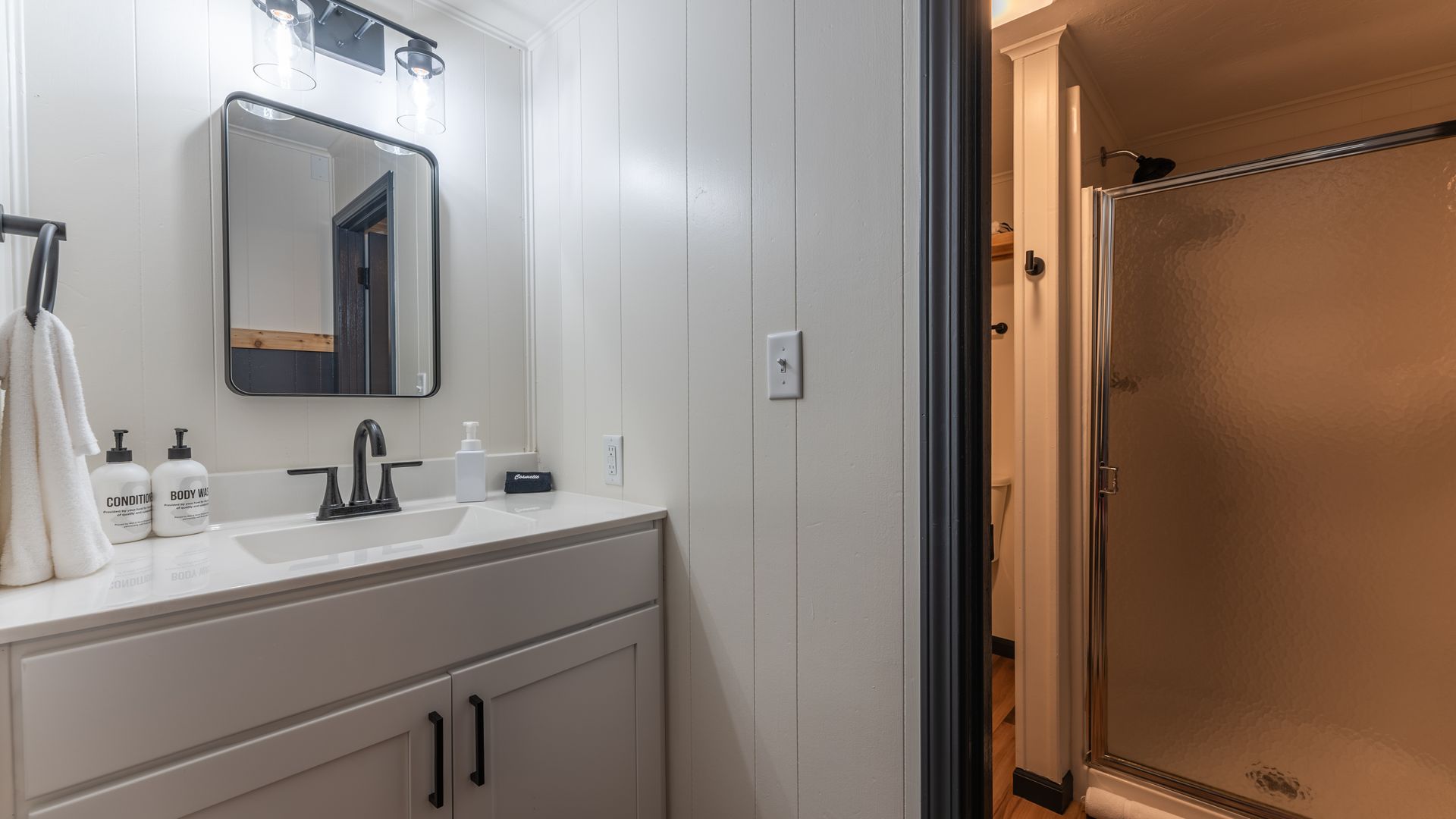 A bright bathroom featuring a white vanity with black hardware, a rectangular mirror, and an adjacent walk-in shower.