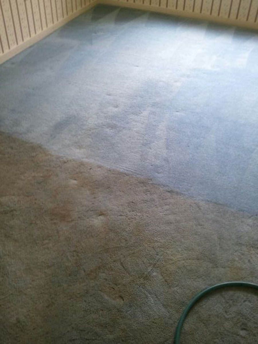 Concrete floor, half cleaned with lighter color contrasting with the dirty brown area. Green hose in the corner.