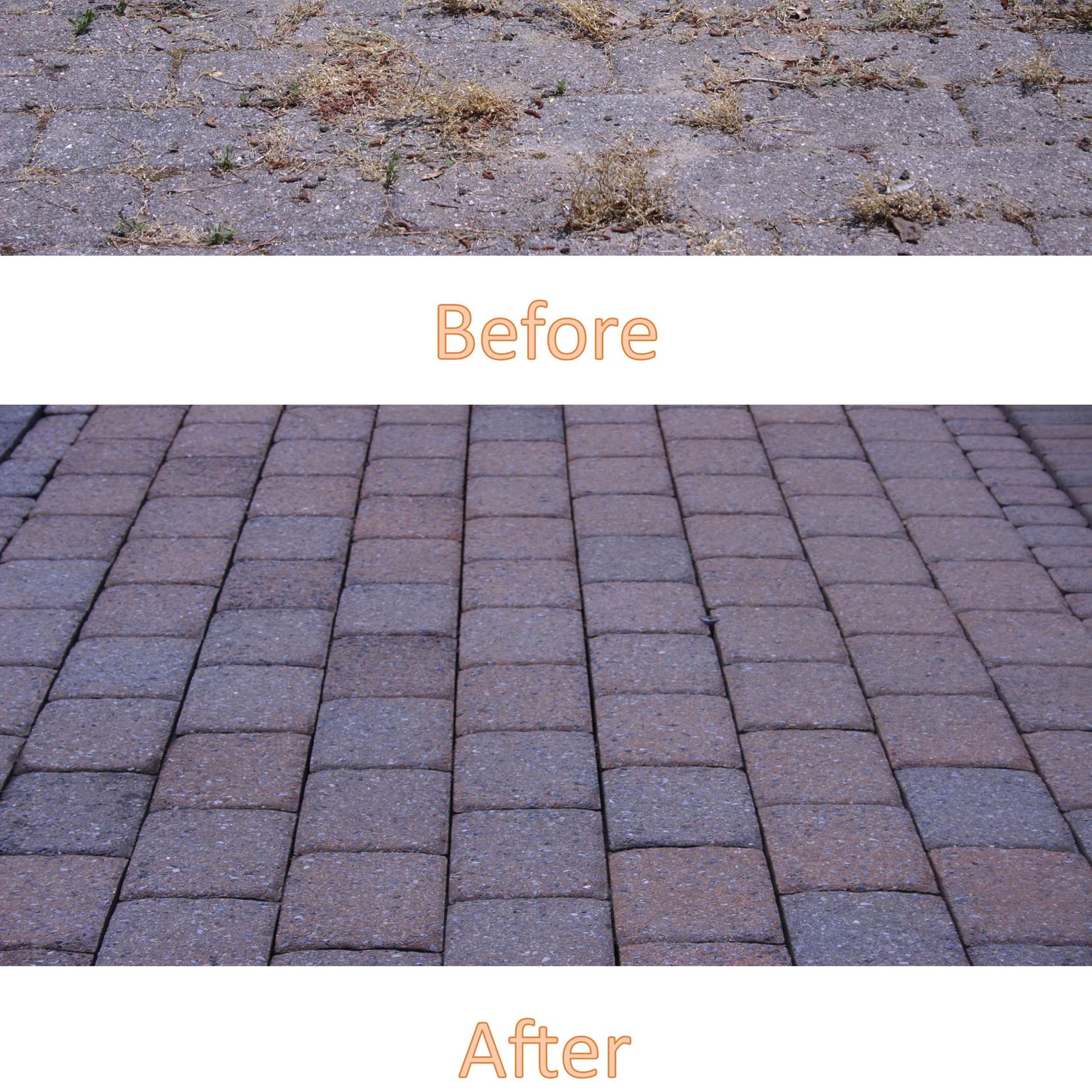 Before and after comparison of a brick paver patio cleaning. Top image shows weeds. Bottom image shows cleaned pavers.