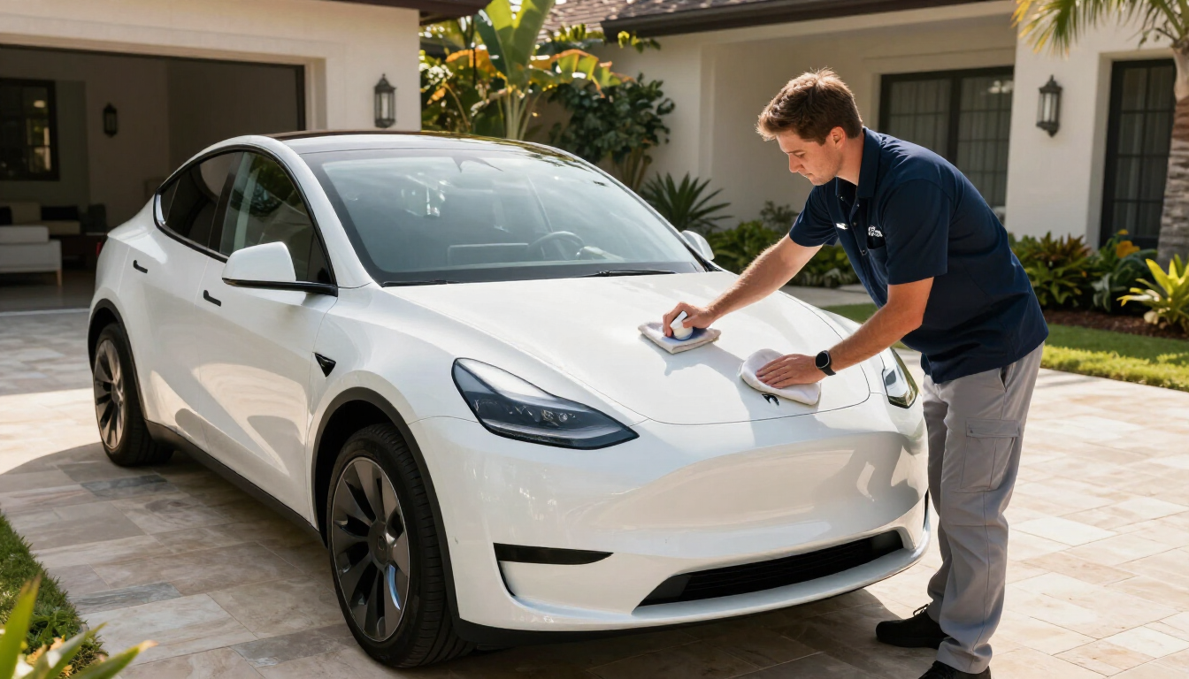 Person polishing a white Tesla Model Y in a driveway outside a house.