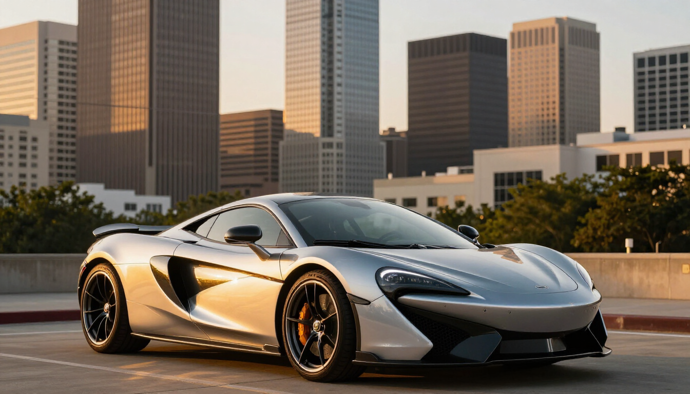 Silver sports car driving on a city street at sunset with skyscrapers in the background