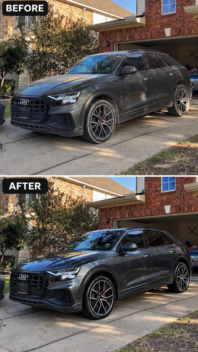 Before and after of a gray Audi Q8 exterior detail in a driveway, Ongowash mobile detailing serving Pearland, TX