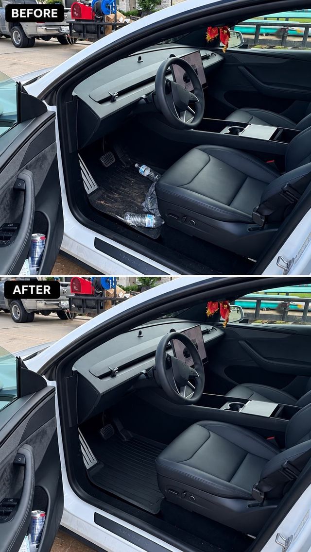 Before and after of a Tesla Model 3 interior detail, Ongowash mobile detailing serving Houston, TX