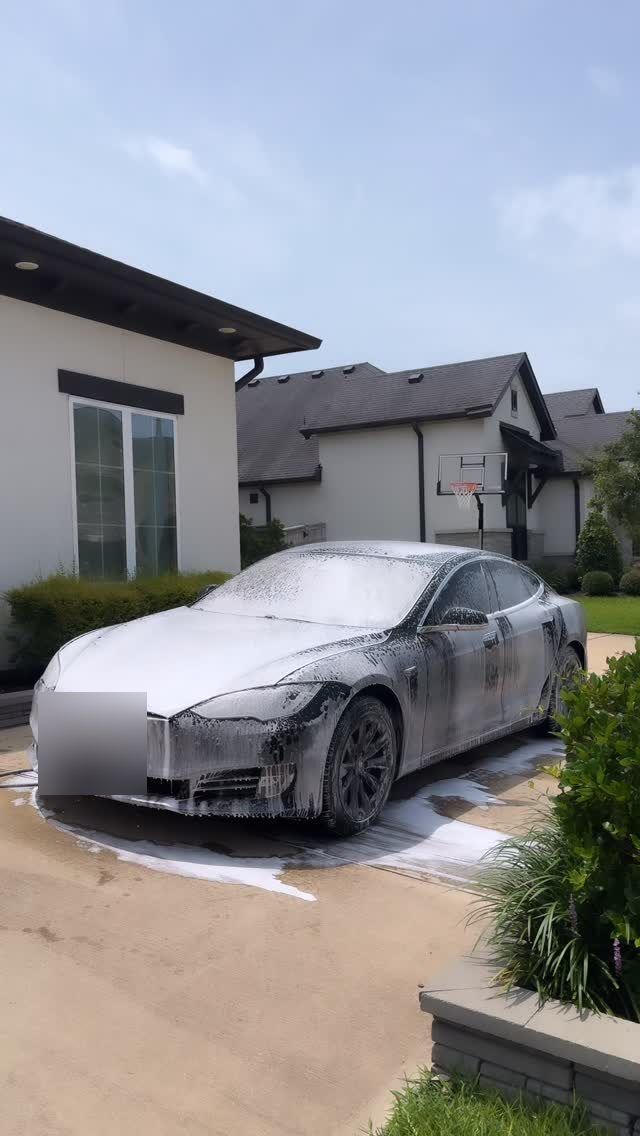 Tesla Model S covered in foam during a mobile Tesla wash, Ongowash mobile detailing serving Sugar Land, TX