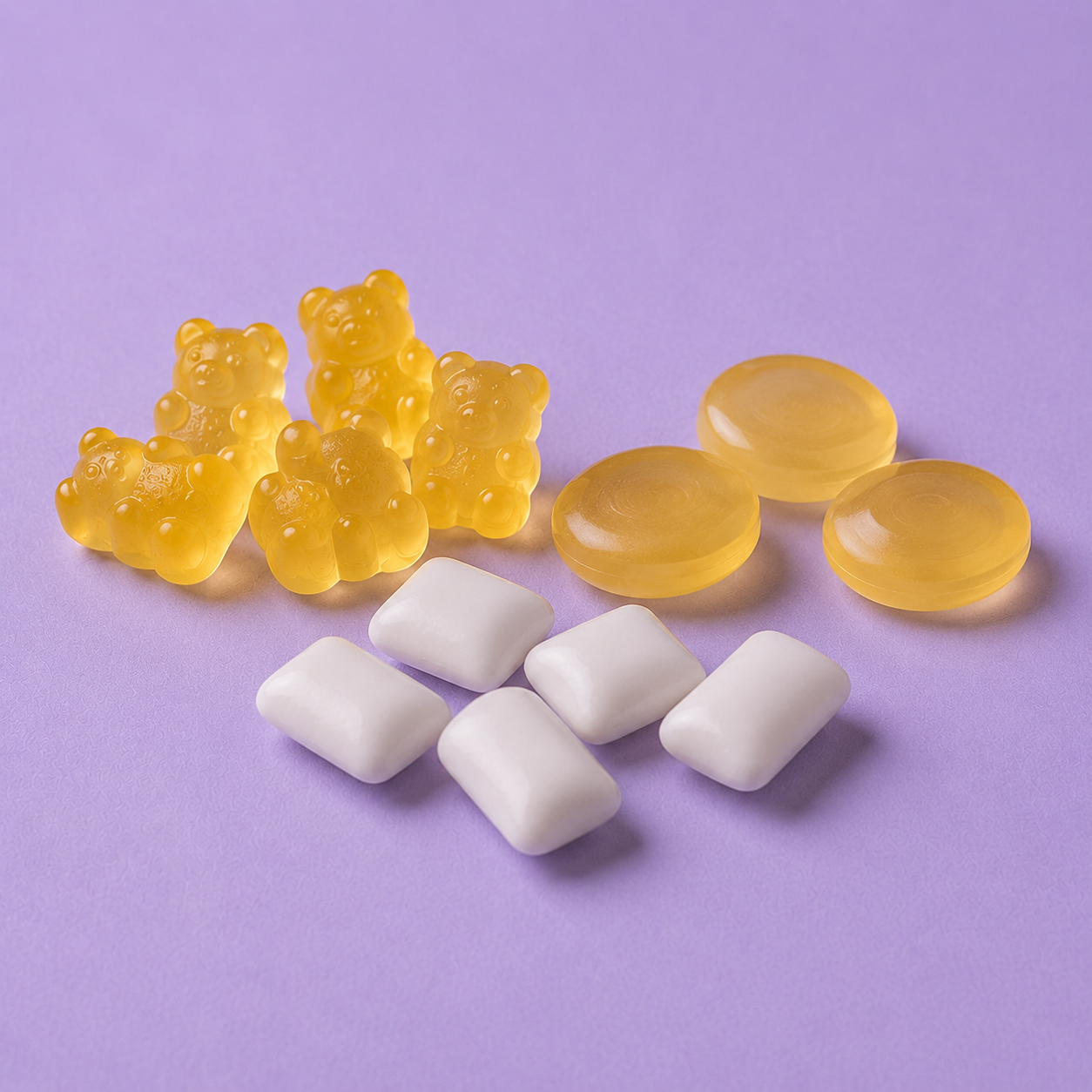Golden gummy bears, round lozenges and white chewing gum on a lilac background
